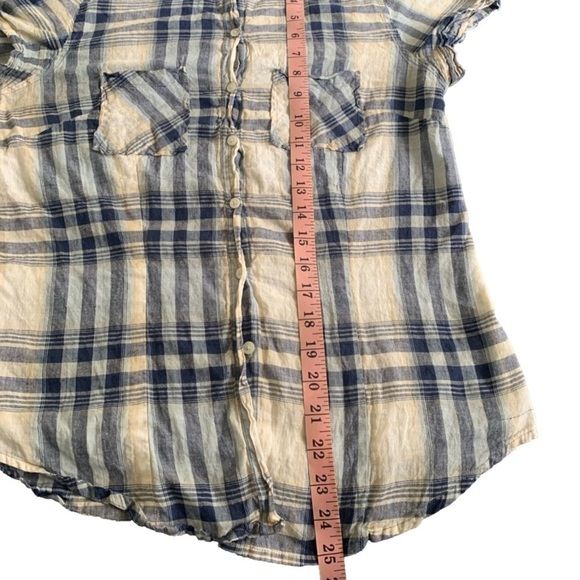 Forever 21 Cream Blue Plaid Button Down Short Sleeve Top Size M - Picture 9 of 9